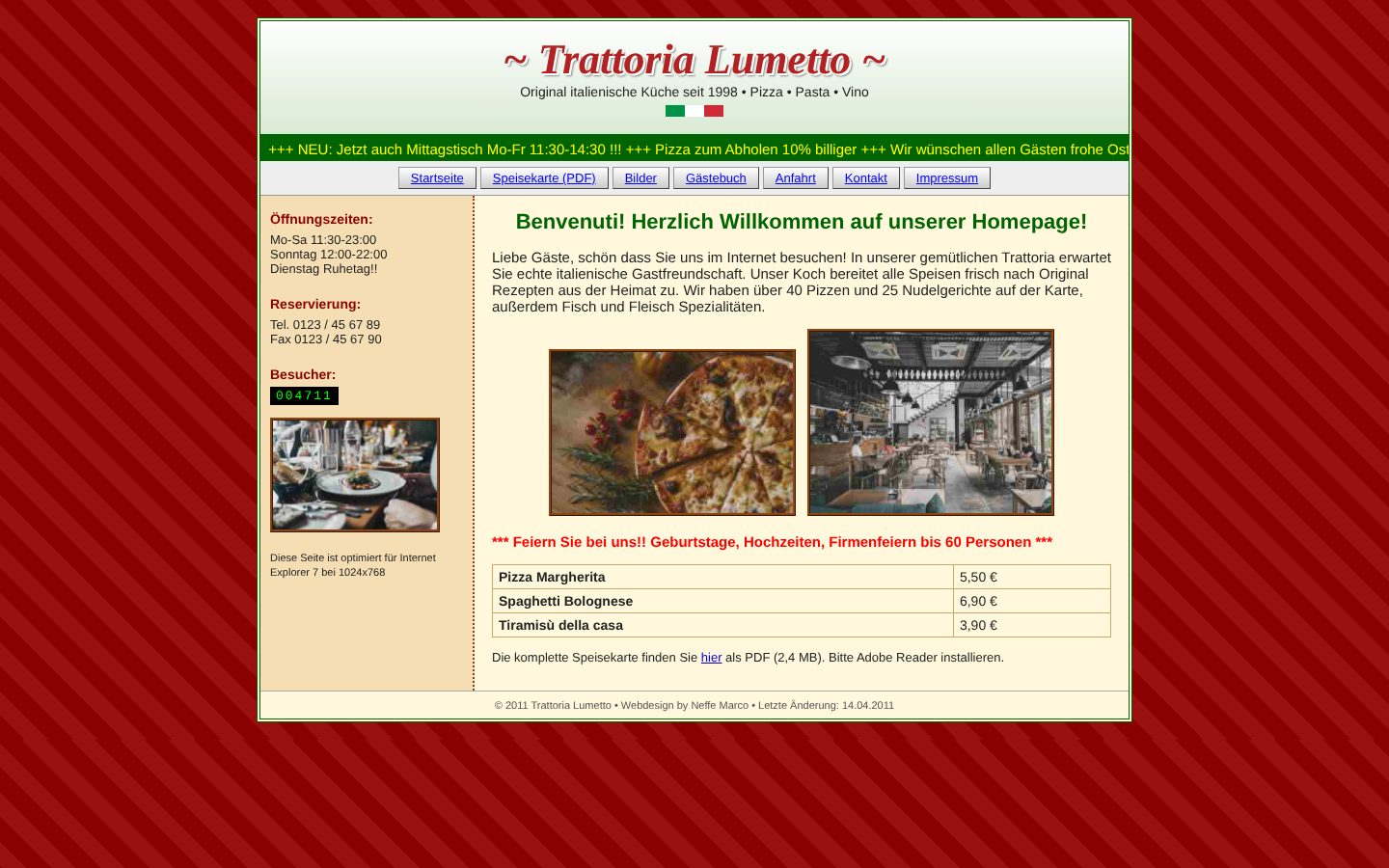 Alte Webseite einer Trattoria