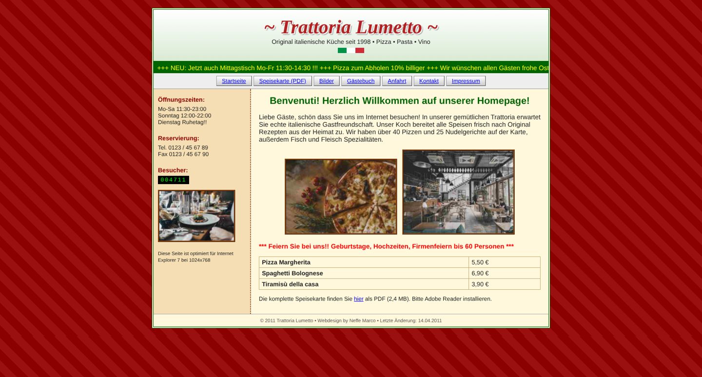 Alte Webseite einer Trattoria im Stil von 2011
